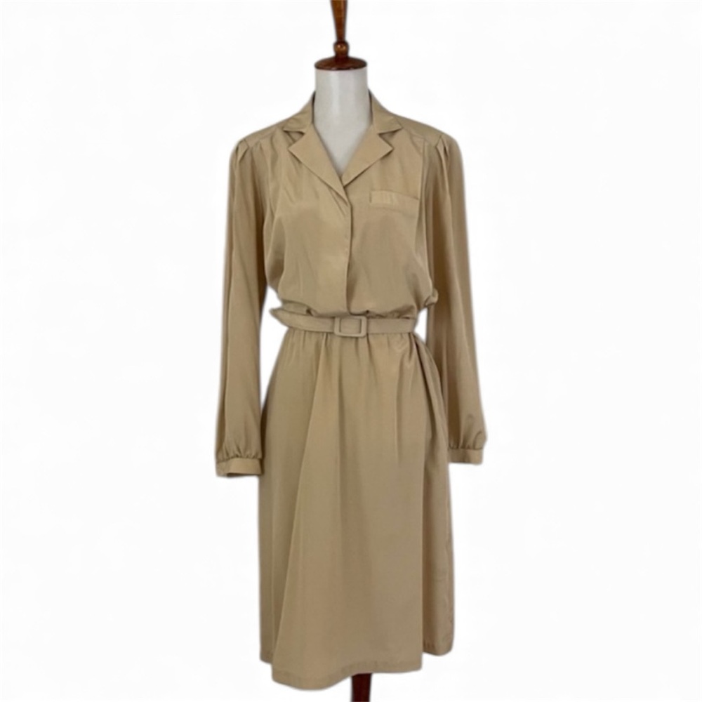 Vintage Long Sleeve Dress Women’s L Tan Henley‎ Button Down Stretch Waist Midi